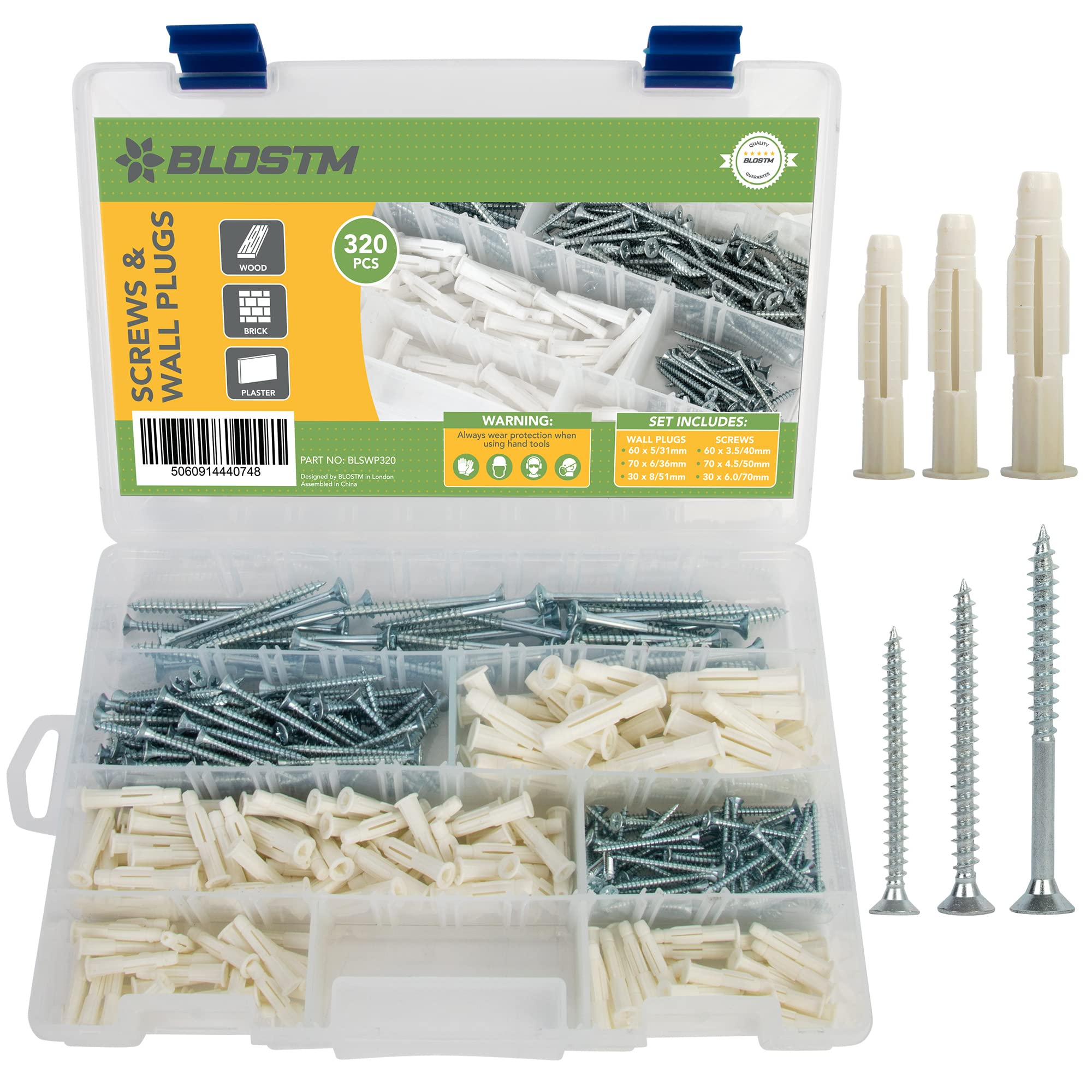 BLOSTM 320 PCS Plasterboard Fixings & Wood Screws Assortment - Heavy Duty Wall Plugs & Screws for Wood, Brick, Plaster - Sizes: 5, 6, 8mm
