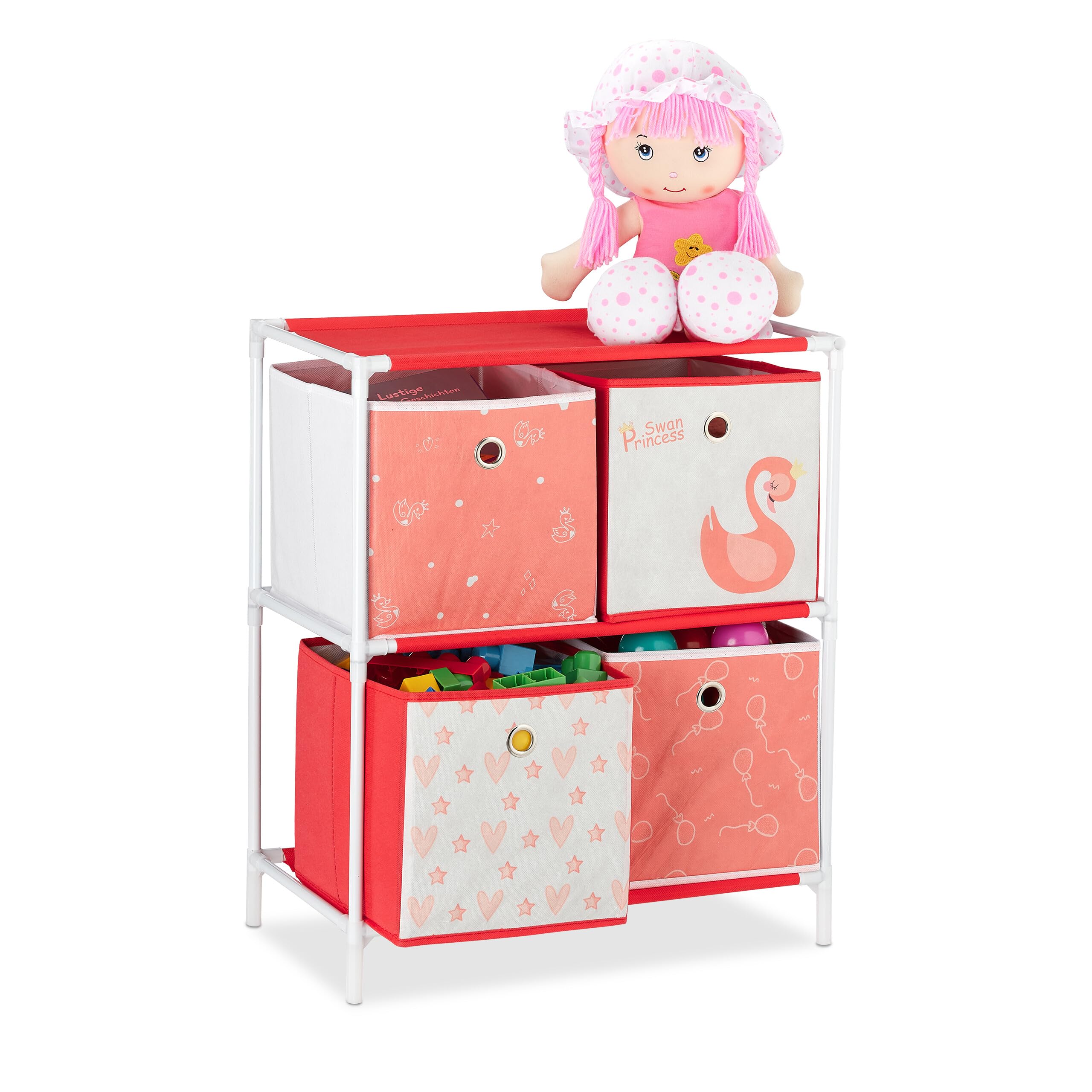 Relaxdays Children’s Shelf with 4 Boxes, Toy Storage Stand for Girls, Cute Swan Design, Nursery Organiser, White/Red