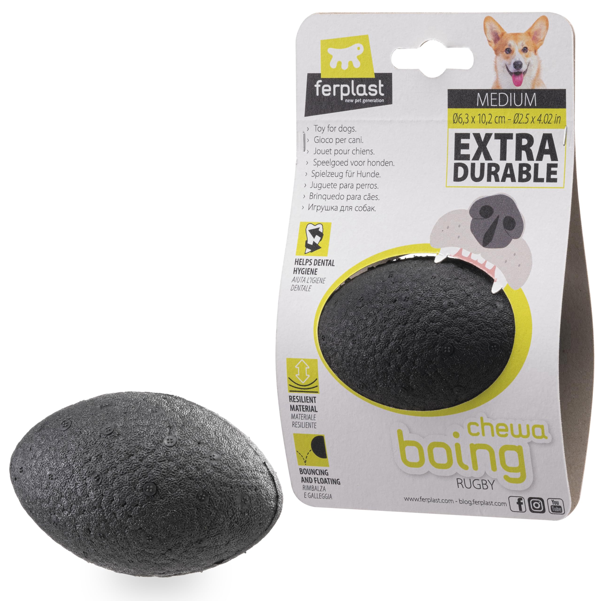 Ferplast CHEWA BOING RUGBY Dog Toy Super Bouncing & Floating - Innovative Chewing-Resistant Material - 3D Texture for Dental Hygiene - Ultra Durable - Italian Design - Size M, Black — image 1