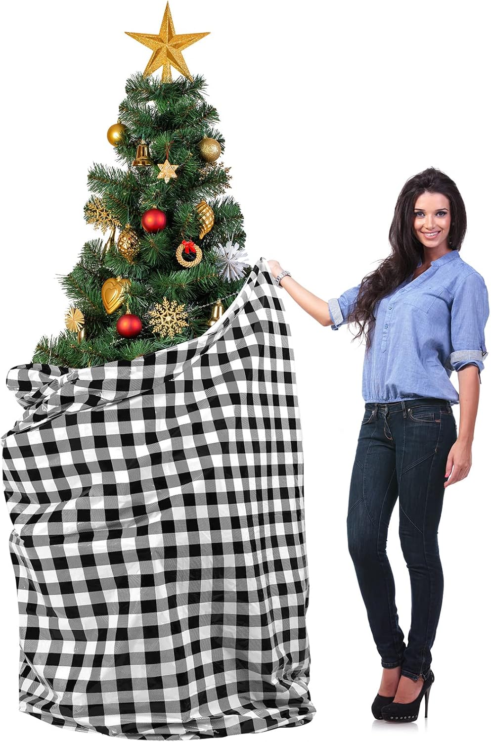 Holiday Décor Storage - Teling Large Christmas Tree Storage Bag Jumbo Christmas Tree Removal and Disposal Bag Plastic Bag Waterproof Xmas Tree Cover Upright for Xmas Tree Ornament (Black and White,9 ft)