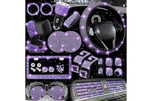 NBTEPEM 27 PCs Purple Violet Bling Car Accessories Set for Women, Steering Wheel Covers Universal Fit 15 Inch, Bling License Plate Frame, Bling Phone Holder, Bling Car Coasters