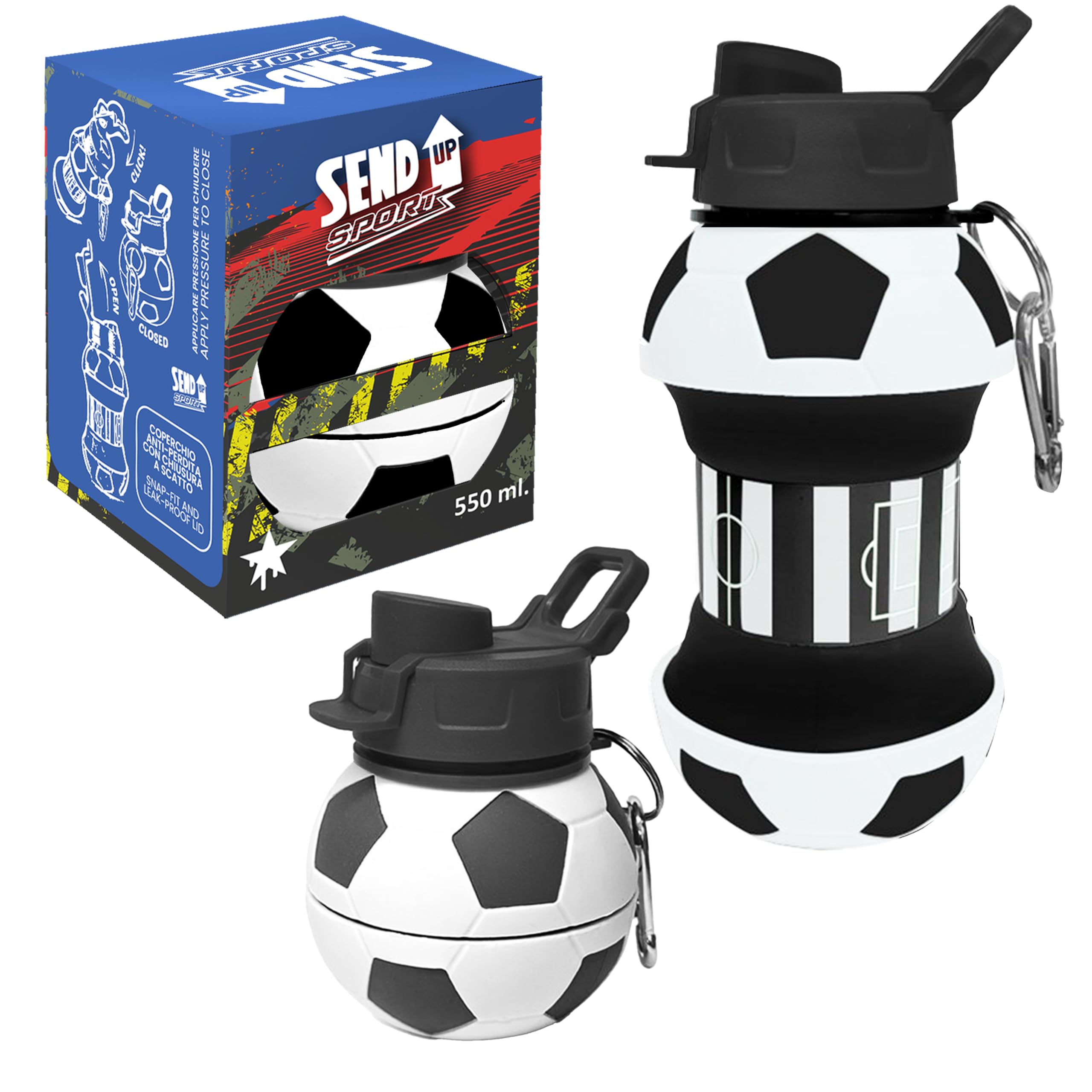 Heart Team Football Bottle Silicone for Boys Children and Adults - Sports Gift BPA-Free, Straw, Leakproof, Durable and Eco-Friendly, 550 ml (White/Black) …