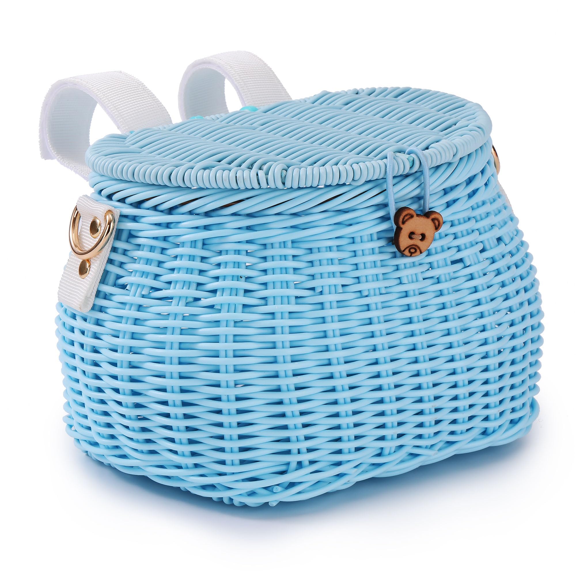 SVNR Kids Bike Basket Set, Bike Scooter Tricycle Basket, Children Cycling Baskets Handwoven Backpack with Lid Shoulder Strap, Rattan Front Handlebar Baskets, Blue