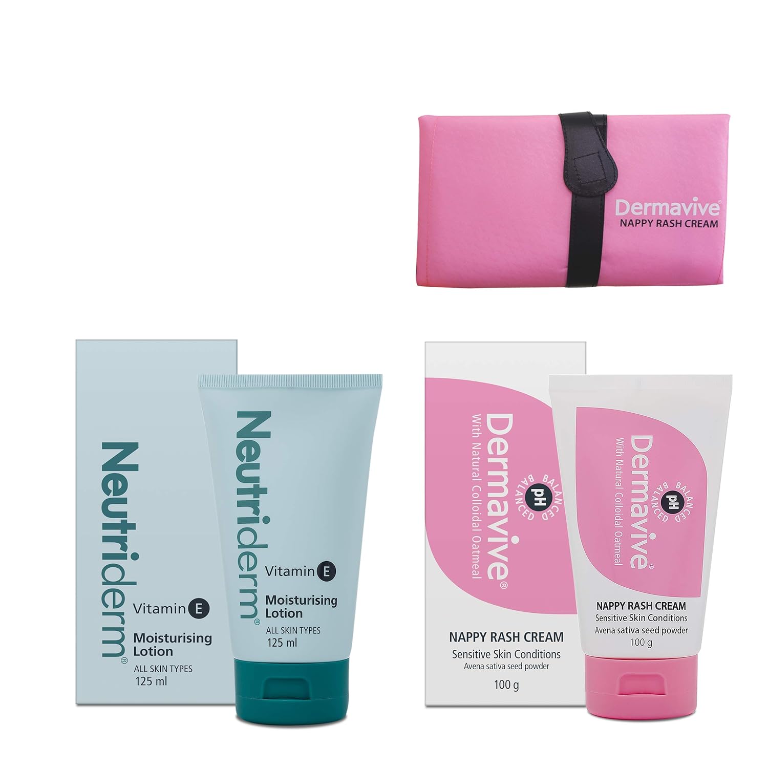 Neutriderm Mother & Baby Care Pack – for mothers Vitamin E, Moisturising lotion 125ml - Dermavive Nappy Rash Cream 100g protects & heals babies delicate skin | Nappy Changing Mat