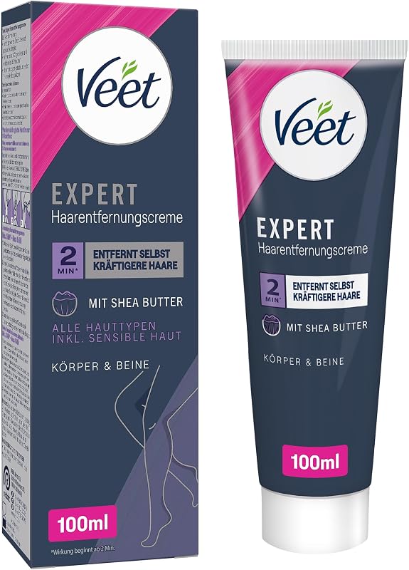 Veet Expert - Creme para depilação de pelos corporais e de pernas, para todos os tipos de pele, inclui pele sensível, 100 ml