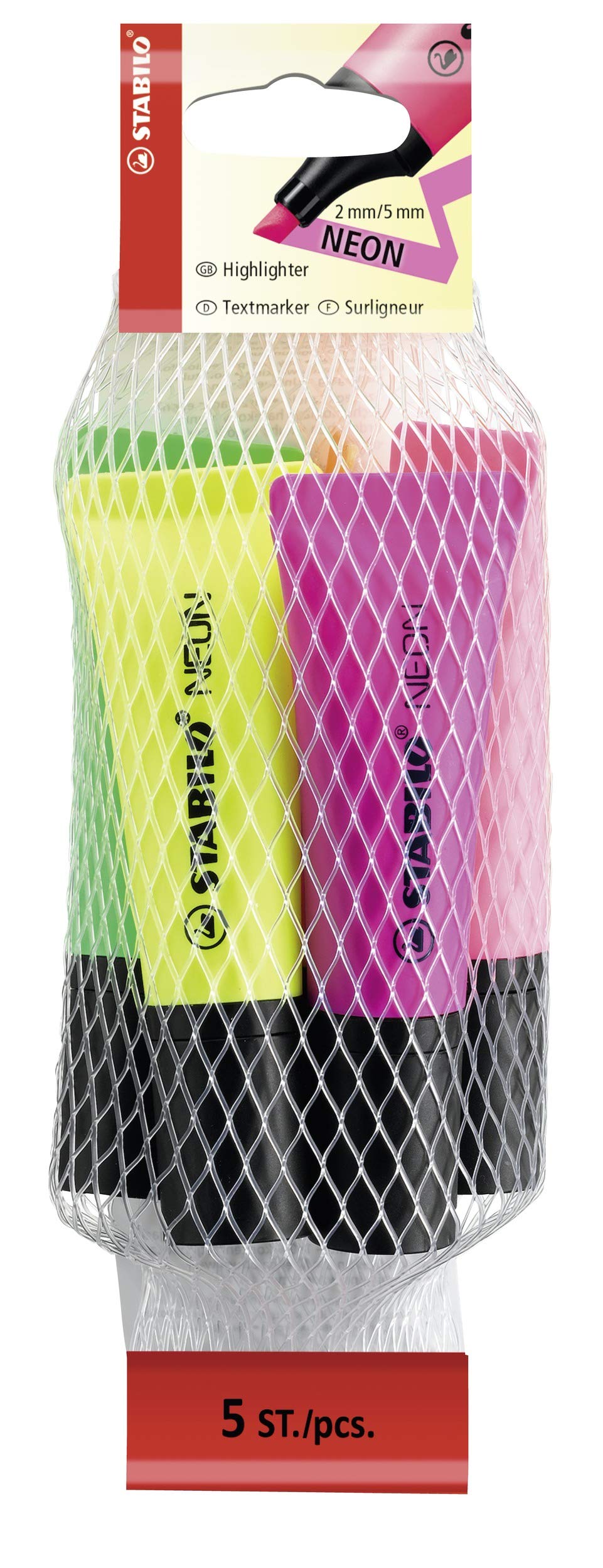 Highlighter - STABILO NEON - Pack of 5 - yellow, green, orange, pink, magenta