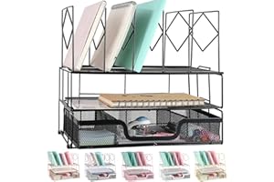 gianotter Desk Organizers and Accessories, Office Supplies Desk Organizer with Sliding Drawer, Double Tray and 5 Upright Sections (Black)