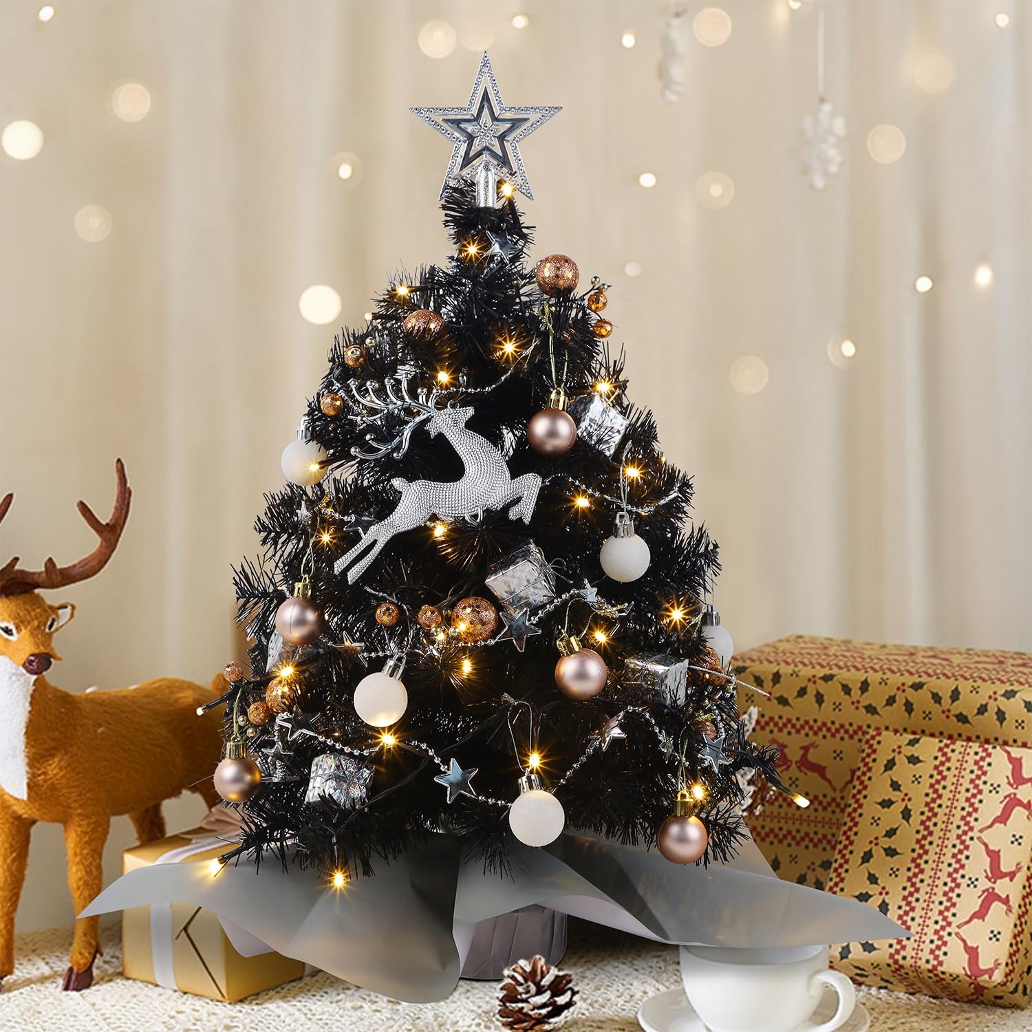 Photo 1 of Juegoal Black Mini Christmas Tree, 24 Inch/2 FT Lighted Tabletop Artificial Xmas Pine Tree, Halloween Small Tree Light Up Battery Operated & Timer with 50 LED Lights, for Holiday Home Party Decor