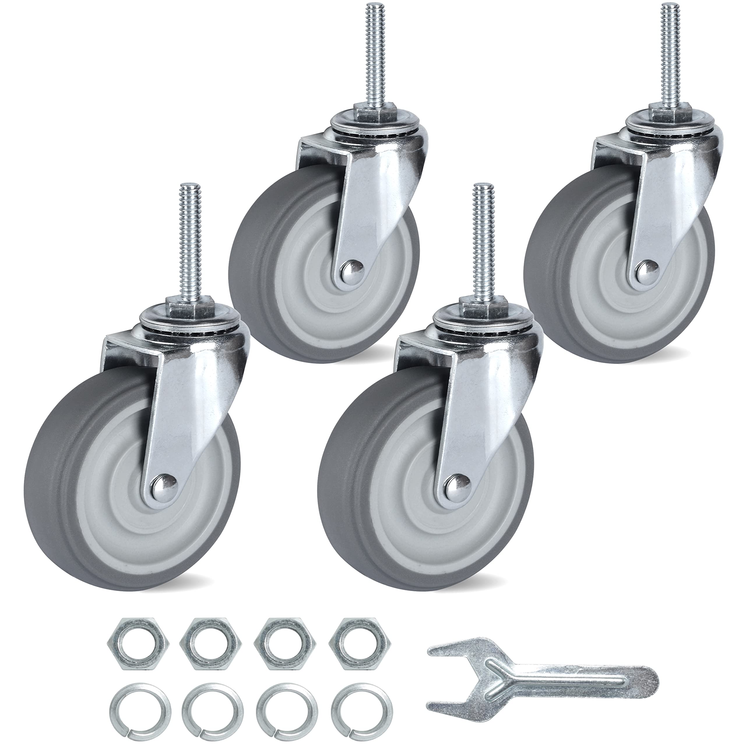 Photo 1 of Finnhomy Caster Wheels 3 Inch Set of 4 Heavy Duty Threaded Stem Casters 5/16"-18x1-1/2 Swivel Rubber Industrial Castors Premium Wheels for Wire Shelving/Furniture/Carts Load Bearing 720 Lbs Gray