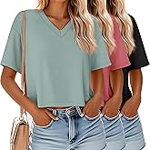 Ficerd 3 Pack Women's V Neck Crop Tops Half Sleeve Drop Shoulder Basics Cropped Top Boxy Tees for Girls