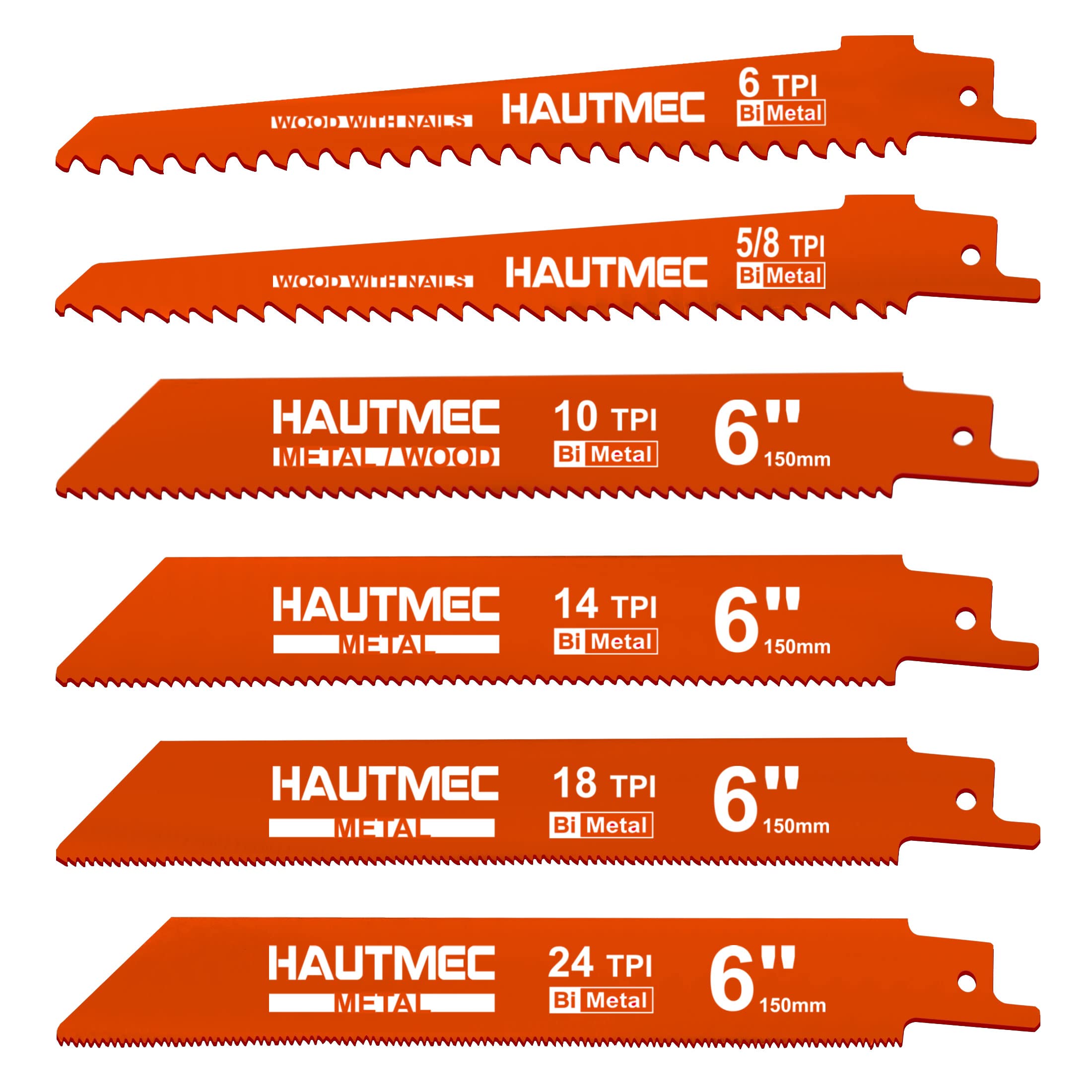 HAUTMEC Pro 150mm Bi-Metal Reciprocating Saw Blades for Wood and Metal Cutting, 6 Pcs Saw Blades Set HT0166-CT