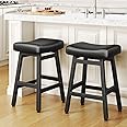Raynesys Counter Height Bar Stools Set of 2, 24 Inch Barstools for Kitchen Counter, Kitchen Stools with Bonded Leather Saddle Seats & Heavy Duty Metal Legs, Easy Assembly, All Black