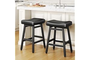 Raynesys Counter Height Bar Stools Set of 2, 24 Inch Barstools for Kitchen Counter, Kitchen Stools with Bonded Leather Saddle Seats & Heavy Duty Metal Legs, Easy Assembly, All Black