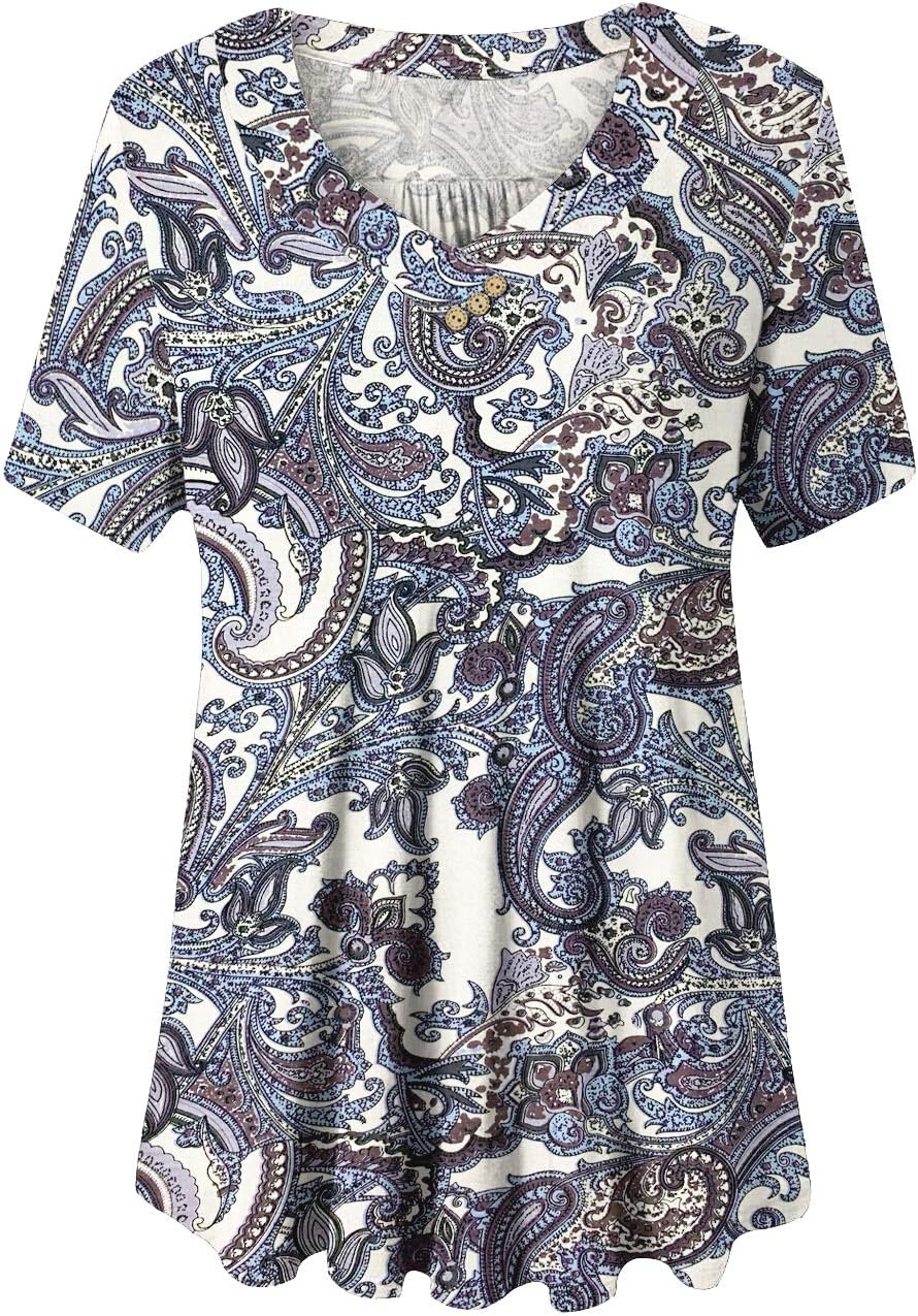 FOLUNSI Women’s Plus Size Short Sleeve Henley Shirt V Neck Floral Blouses Tunic Tops M-4XL