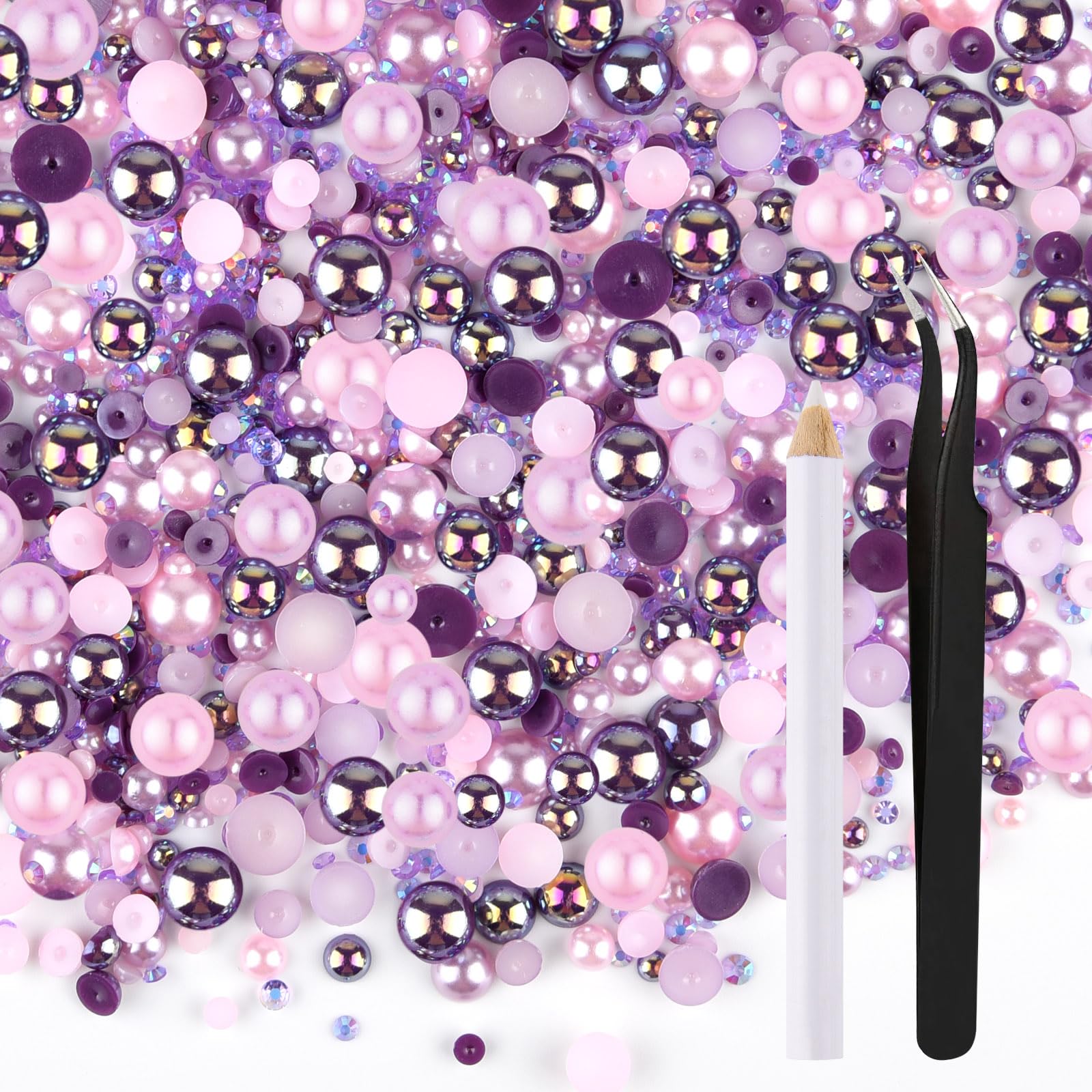 ASTARON 50g Mix Flatback Rhinestones Half Pearls for Crafts Mixed Size 3mm-10mm Flat Back Rhinestones for Crafts Flatback Pearls for Decorating Tumblers Mugs Nail Art Shoes (Purple Pink Series)