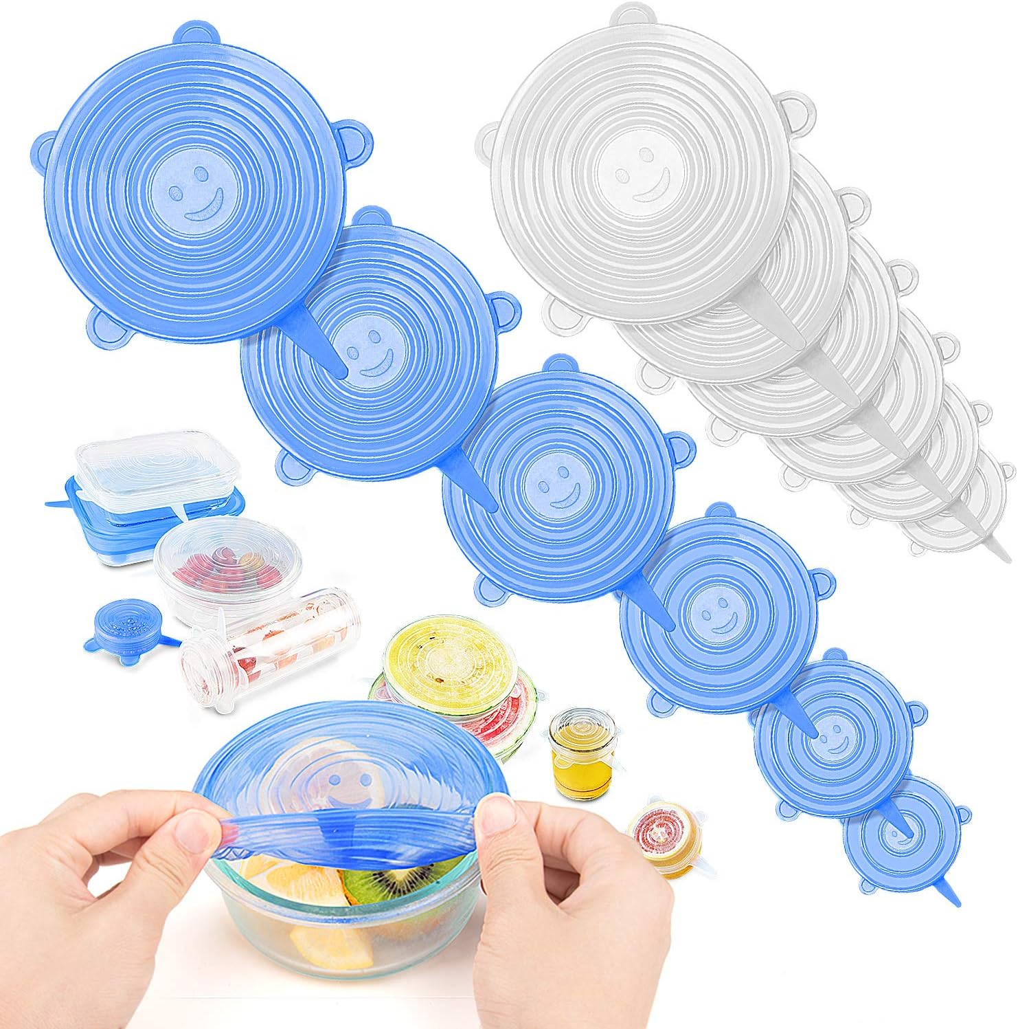 Tikola Silicone Stretch Lids Reusable Food Covers for Bowl Cup, Safe in Microwave Dishwasher Refrigerator, Durable and Expandable, Fit Various Sizes to Keep Food Fresh Eco-friendly 12pcsโฆ
