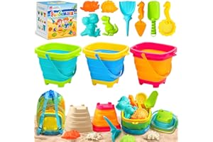 Teuevayl Collapsible Bucket Beach Sand Toys for Kids, Travel Beach Toys with Mesh Bag, 3 Collapsible Sand Castle Toys, Dinosaur Sand Molds, Shovel Sieve, 12 PCS Sandbox Beach Toys for Toddler 3-10