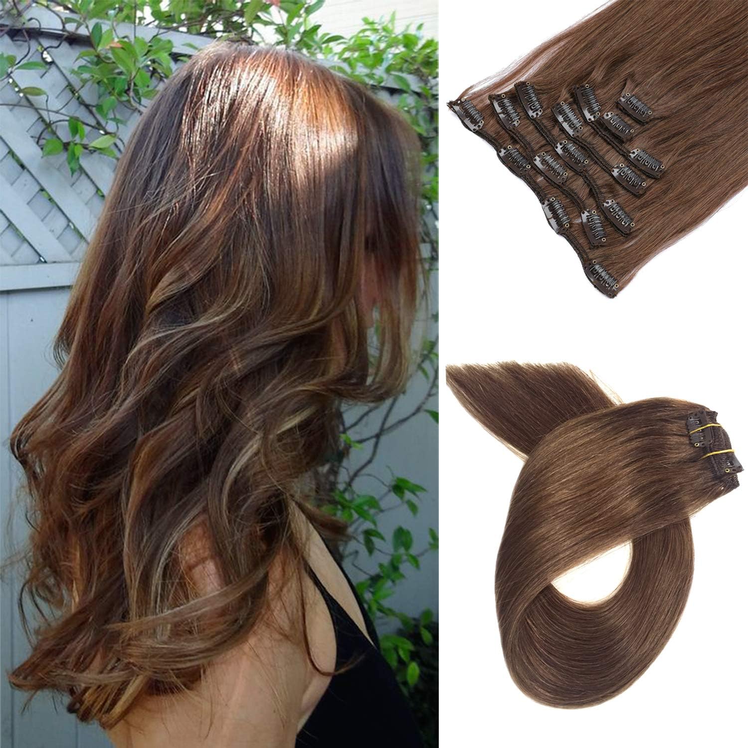 Clip in Hair Extensions Human Hair Extensions 7 Pieces 70g Per Set Clip on Hair Extensions Chestnut Brown Silky Straight Weft Remy Real Hair (20 inches, 6)