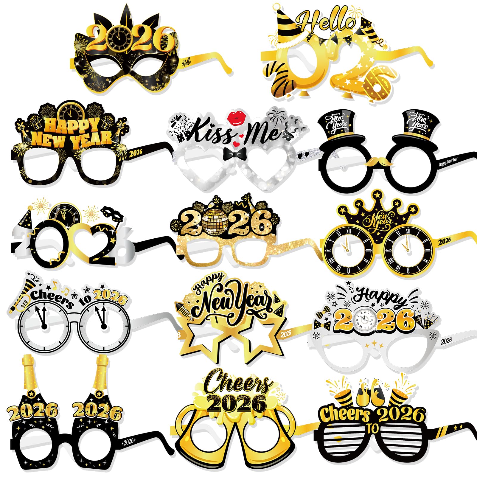 DPKOW 28pcs 2026 New Year Party Glasses, Paper Glasses for New Year's Eve Photo Booth Props 2026 New Year Party Favour Accessories