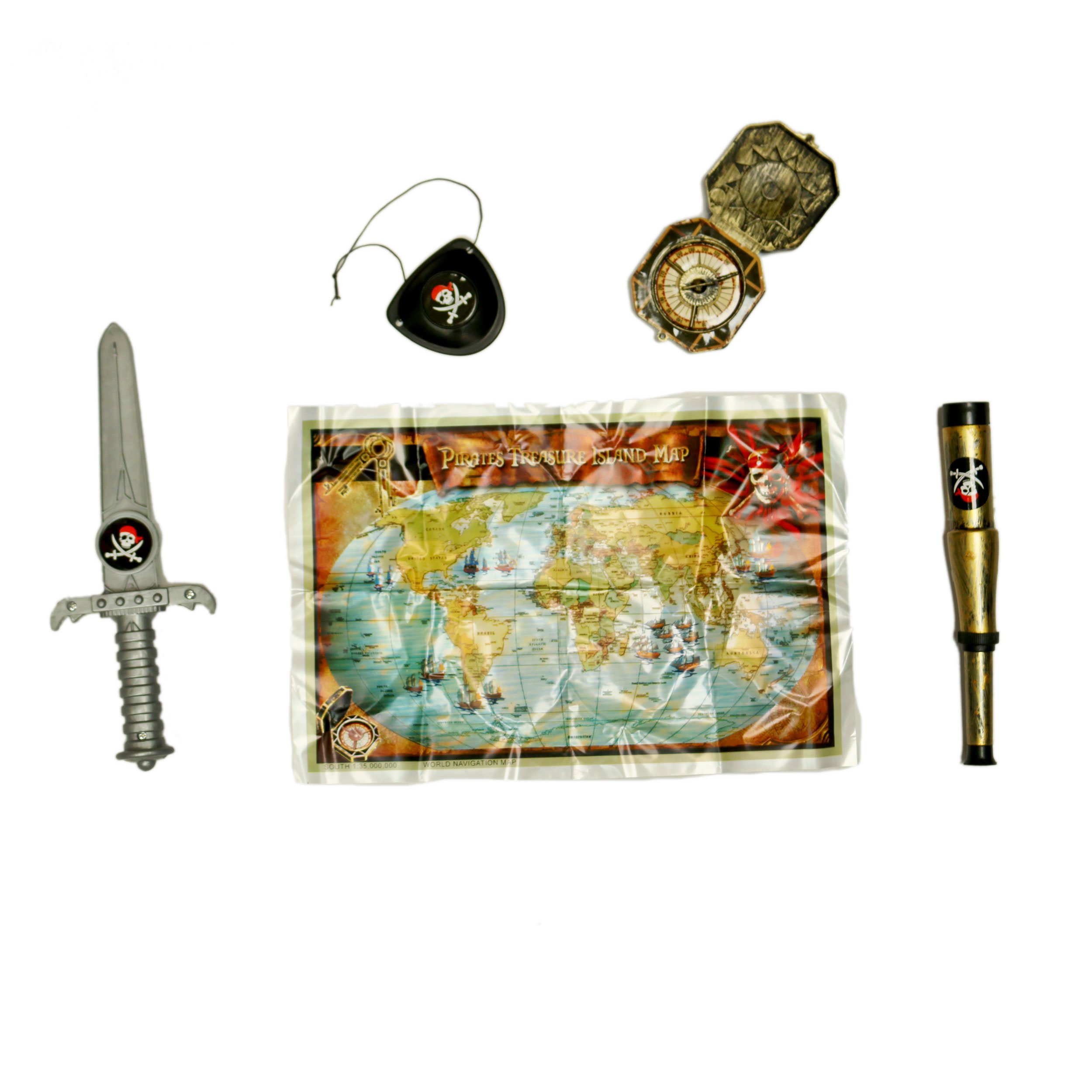 Robelli Kids Pirate Fancy Dress Props Party Set Party Bag Filler (Sword, Telescope, Compass, Map, Eyepatch) (1 Pack)