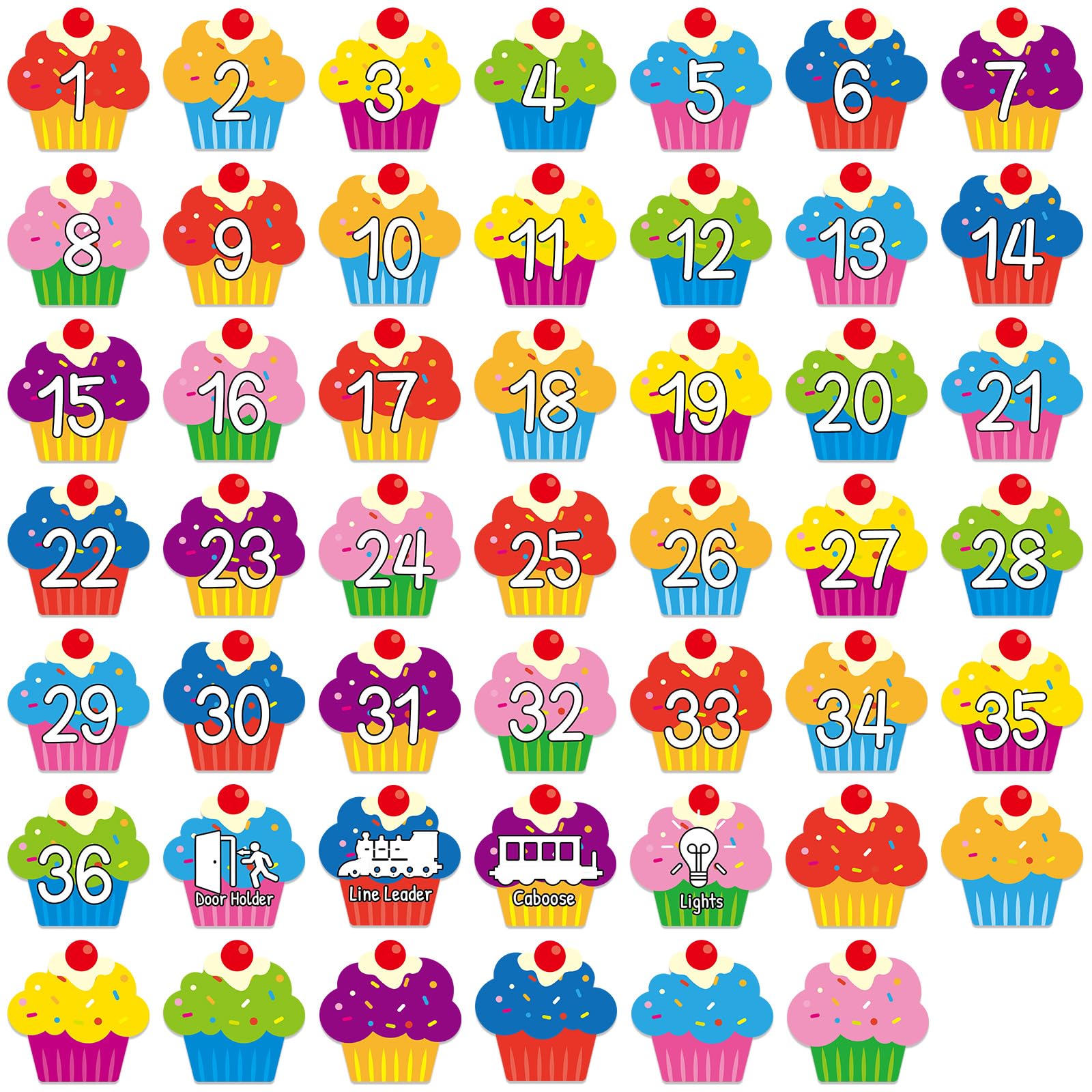 Photo 1 of 48Pcs Floor Stickers for Classroom Decorations Colorful Cupcake Number Line Up Spots Stickers with Numbers 1-36 Cupcake Shaped Decals Sitting Dots for Teachers Students Kindergarten Preschool Supplies