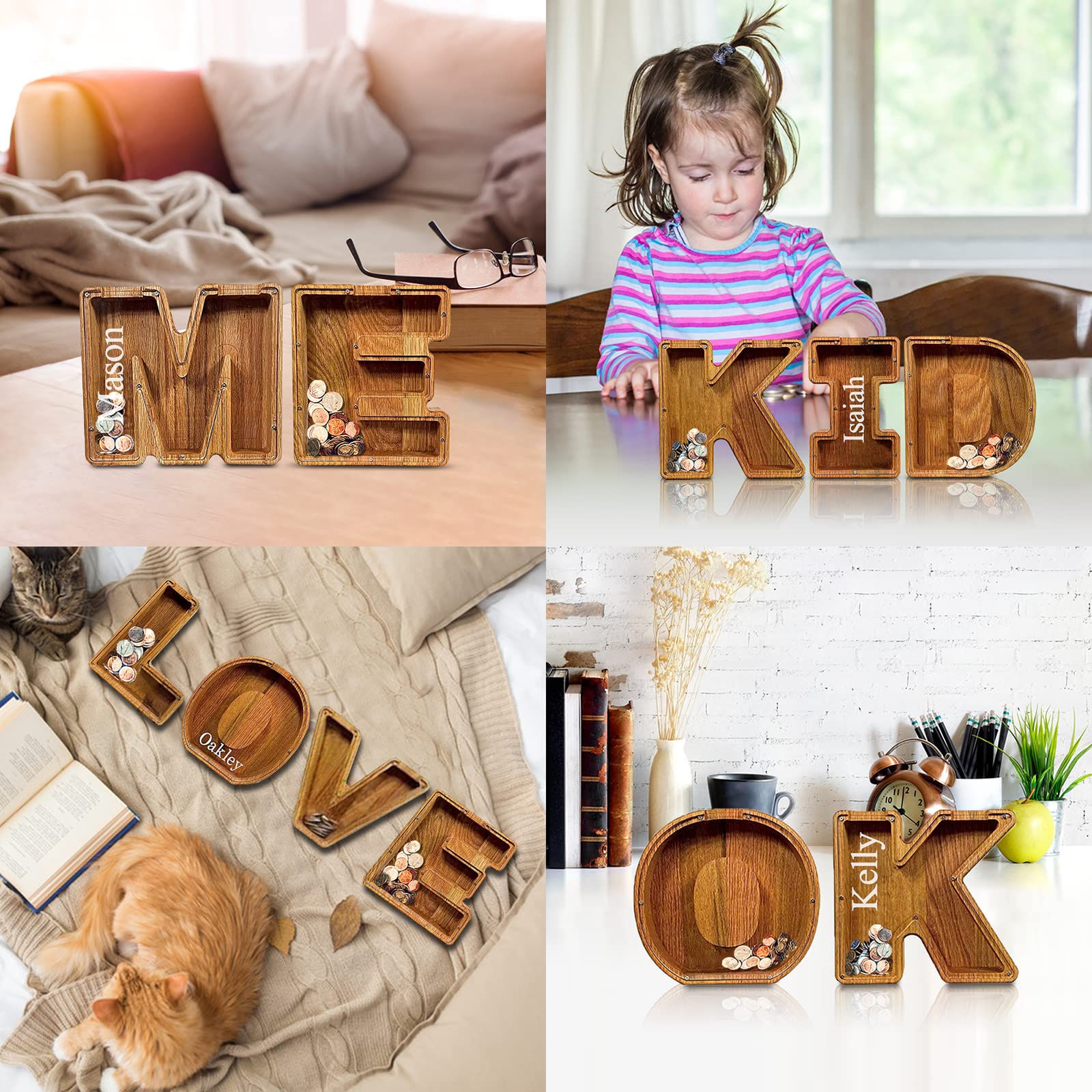 Piggy-Bank for Kids Boys Girls Large Piggy Banks 26 English Alphabet Letter,Personalized Wooden,Transparent Money Saving Box Custom Text Name DIY Creative Gift for Real-Money (B)