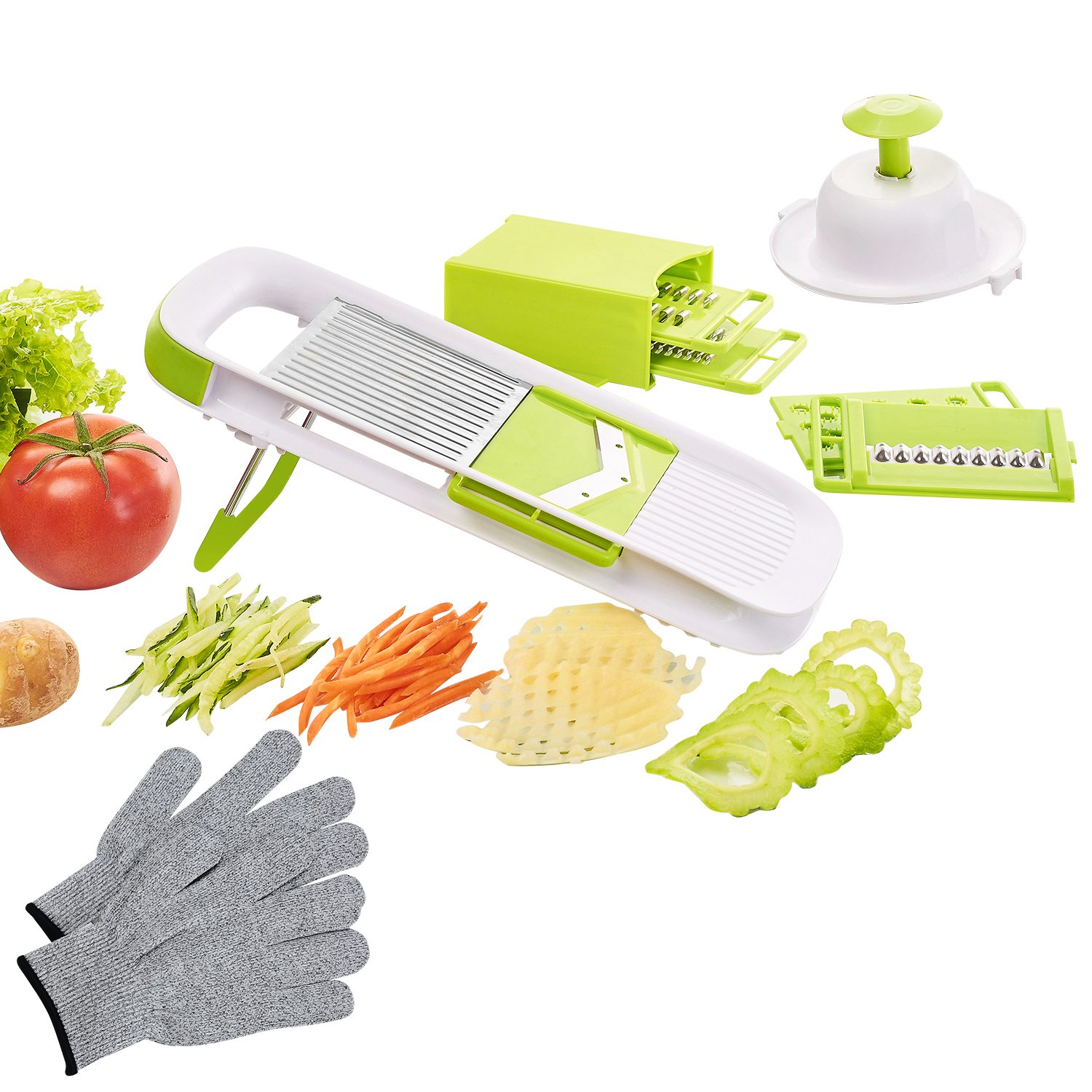 Mandoline Slicer with Free Cut resistant gloves, Potato Slicer-Vegetable Chopper Slicer with 5 Pieces Adjustable Stainless Steel Blades