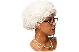 VIBE FESTIVAL GEAR Vibe Old Lady wig Costume Set, Gray Hair Granny Wig with pearl necklace, glasses, glass chain Accessories, 5 pieces total