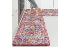KIMODE Anti Fatigue Kitchen Mat, 17"x47"+17"x29" Boho Vintage Kitchen Rugs Sets of 2, Non-Slip Kitchen Mats for Floor, Cushioned Kitchen Floor Mats for Sink, Laundry, Office, Desk,Fuchsia/Multi