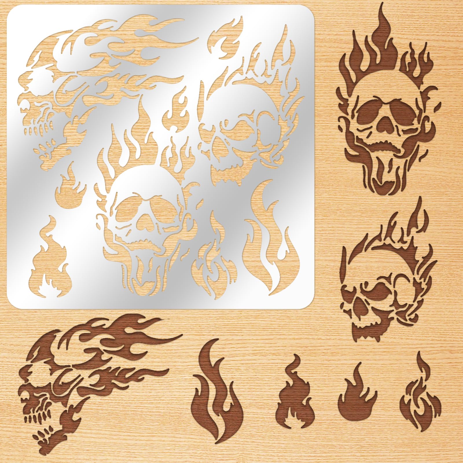 ORIGACH 6x6 inch Metal Skull Stencil Fire Skull Pyrography Stencils Template for Wood Carving, Drawings and Woodburning, Engraving and Scrapbooking Project