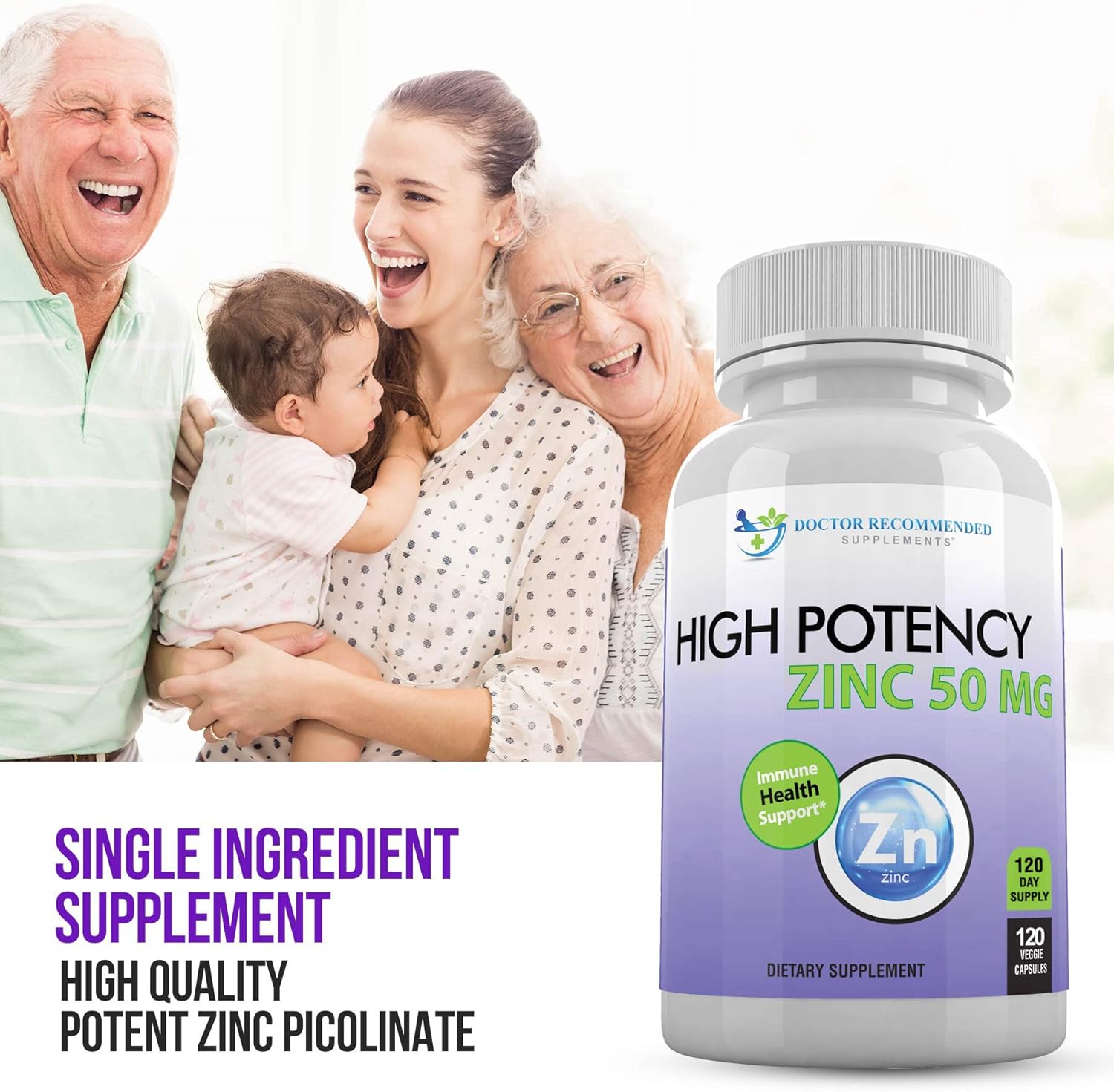 Zinc 50mg - Zinc Picolinate Immune Health Support Supplement 120 Veggie Capsules for Adults and Kids Vitamin, Well-Absorbed High Potency Pure Zinc Supplements - 50mg Per Serving: Health & Personal Care