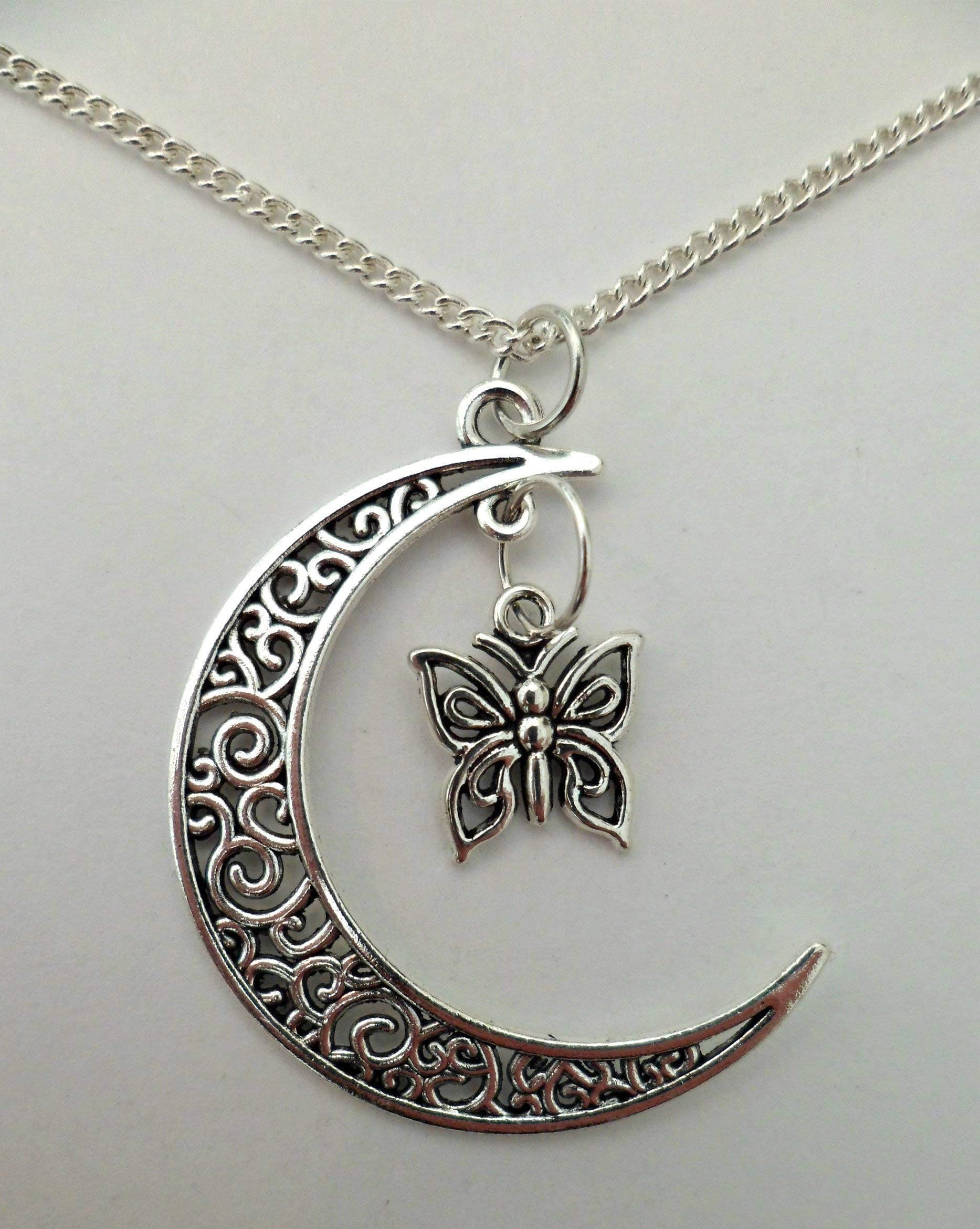 Silver Necklace Butterfly Crescent Moon Pendant