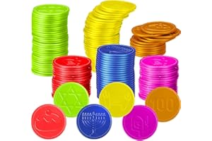 Zubebe 300 Pieces Hanukkah Coins Plastic Hanukkah Gelt Coins Treasure Hunt Toys Activity Party, 6 Styles for Treasure Hunt Game and Play Party Favors (Red, Orange, Yellow, Green, Blue, Purple)