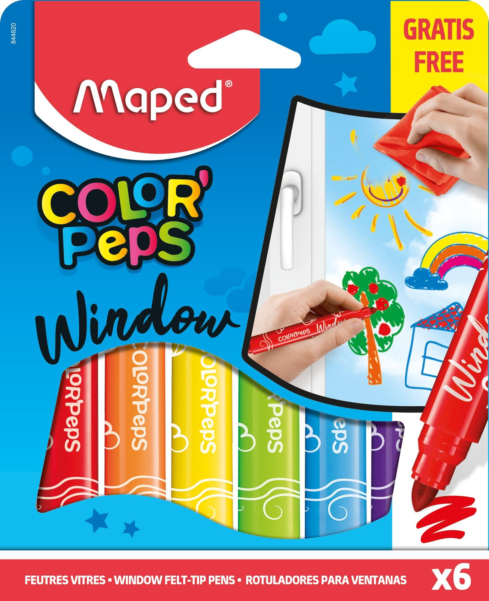 Maped Color'Peps Window Marker Felt Colouring Pens Pack of 6 Assorted Colours and Cleaning Cloth