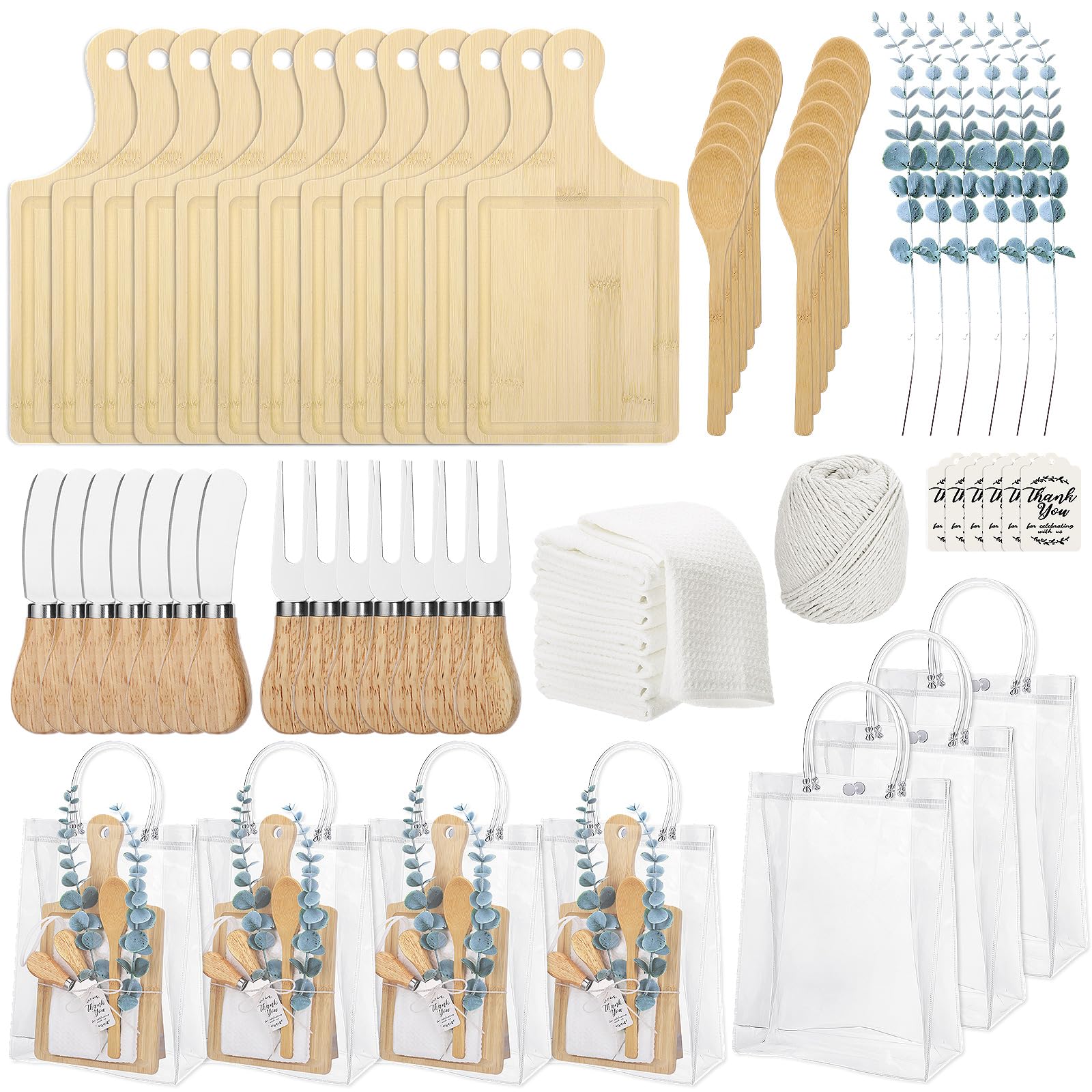 Photo 1 of 110PCS Baby Shower Prizes for Game Winners 12 Sets Baby Shower Gifts Bamboo Cheese Board Spoon Towel Artificial Eucalyptus Stems Thank You Card Gift Bag for Baby Bridal Shower Wedding Favors