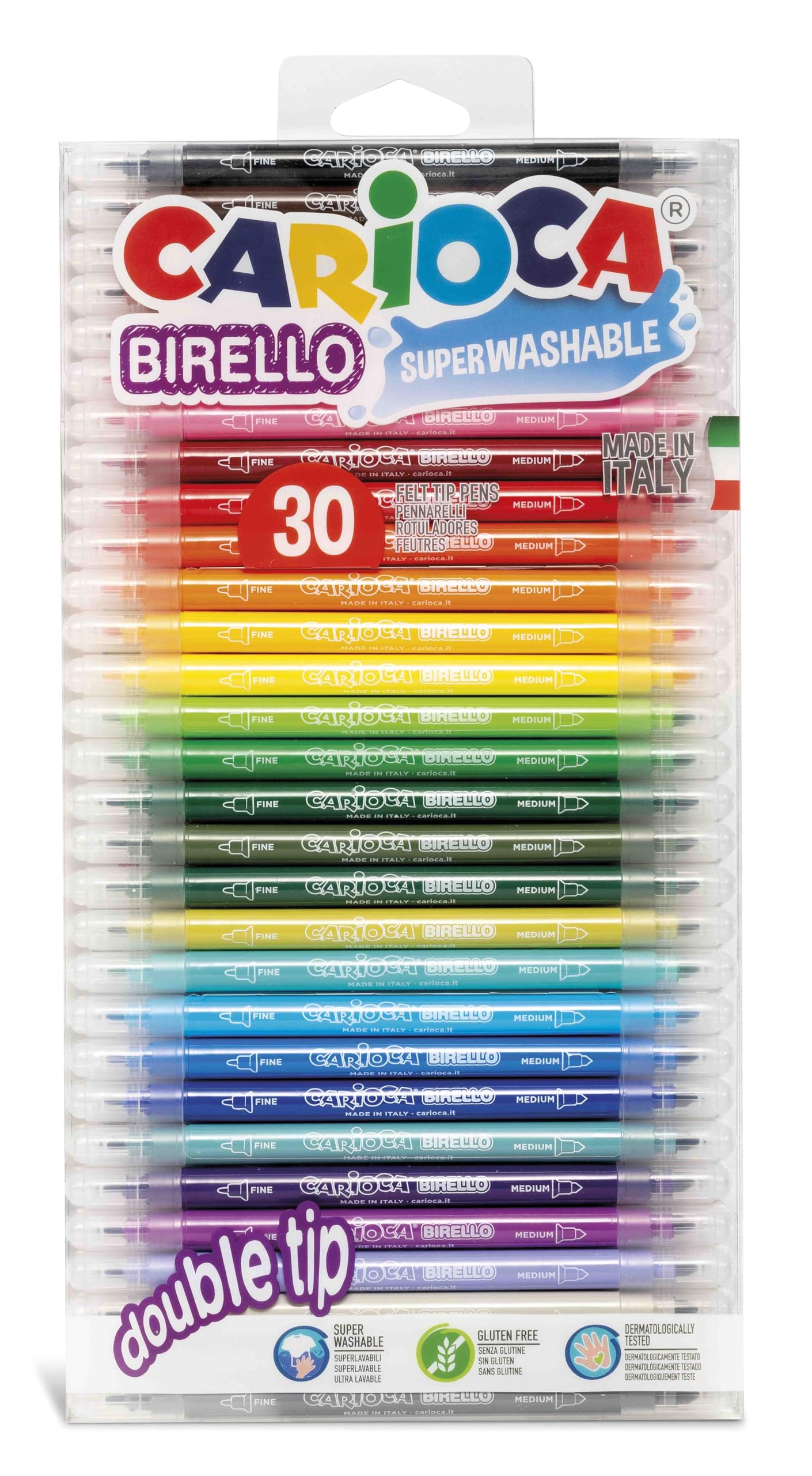 CARIOCA Colors Dual Tip Markers Birello Special Edition 30 Pieces for Coloring Books - Fine Tip 2.6mm and Medium Tip 4.7mm, Gluten Free, Made in Italy (30 Markers)