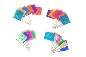 GRAHMART Set of 24 Pcs Multi-Colored Mini Mexican Paper Papel Picado Tissue Banner Flags Banderita s Fiesta Party Decorations Cupcake Topper Party Banderines Flower Design