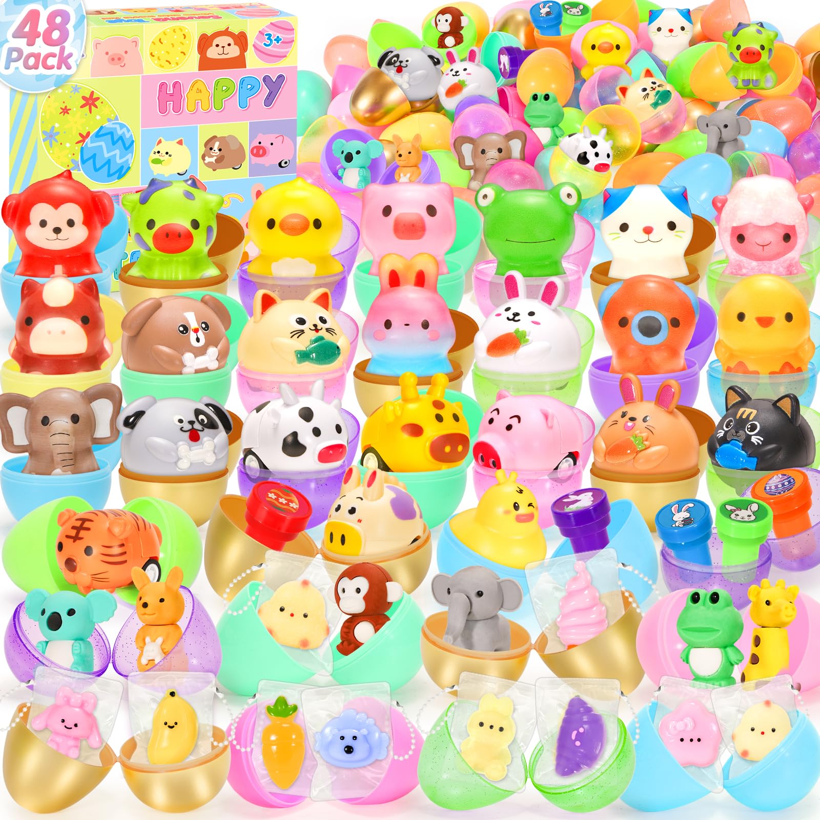 SevenQ Easter Basket Stuffers 48Pcs Prefilled Easter Eggs with Toys Cars Squishy Erasers Stamps for Kids Fidget Toy Plastic Egg Fillers Hunt Pinata Party Favor Bags Classroom Treasure Box Essentials