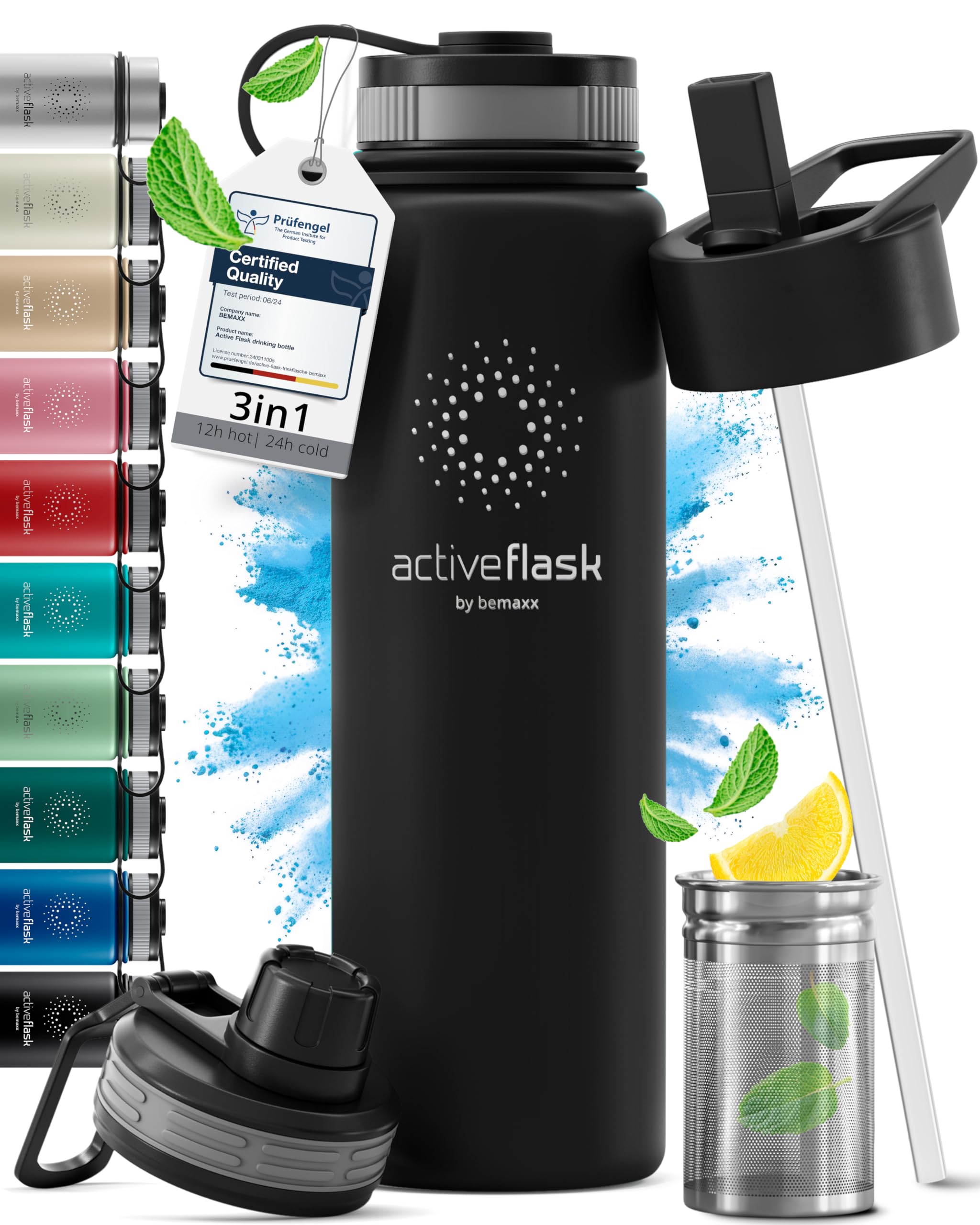 Stainless Steel Water Bottle with Straw & 3 Lids: 1 & 0,5L Leak-Proof BPA-Free Vacuum Insulated ACTIVE FLASK Drinking Bottles Hot Cold: Double Walled Outdoor Drink Thermo Mug Tea Coffee Sport Gym Bike