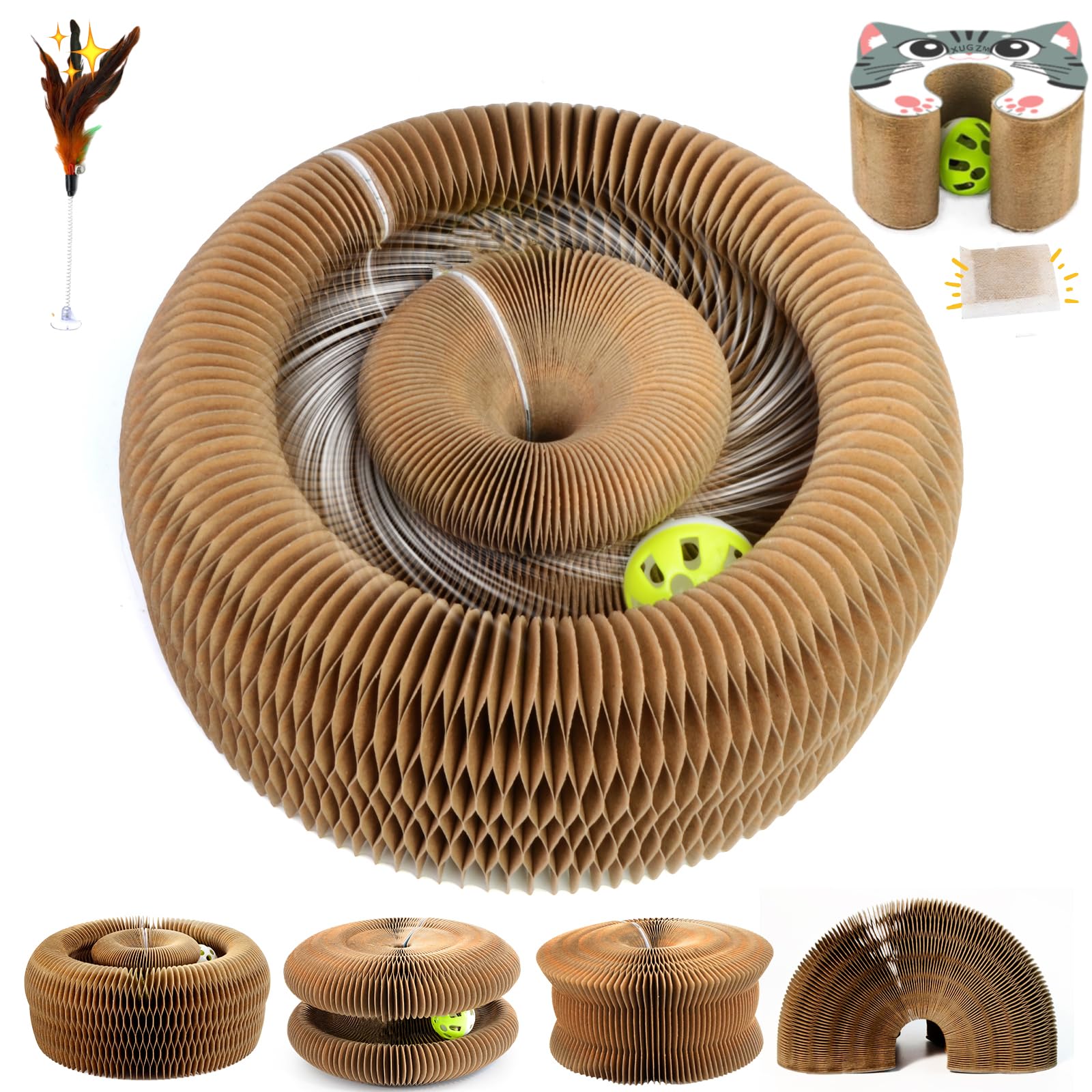 Photo 1 of Upgraded Kitty Kurlz Cat Toy, Multi-Shape Interactive Cardboard Cat Toy with a Ball for Indoor Cats for Furniture Protection, Magic Organ Cat Scratching Board for Puzzle Exercise, Brown/Gray, 1 Pack