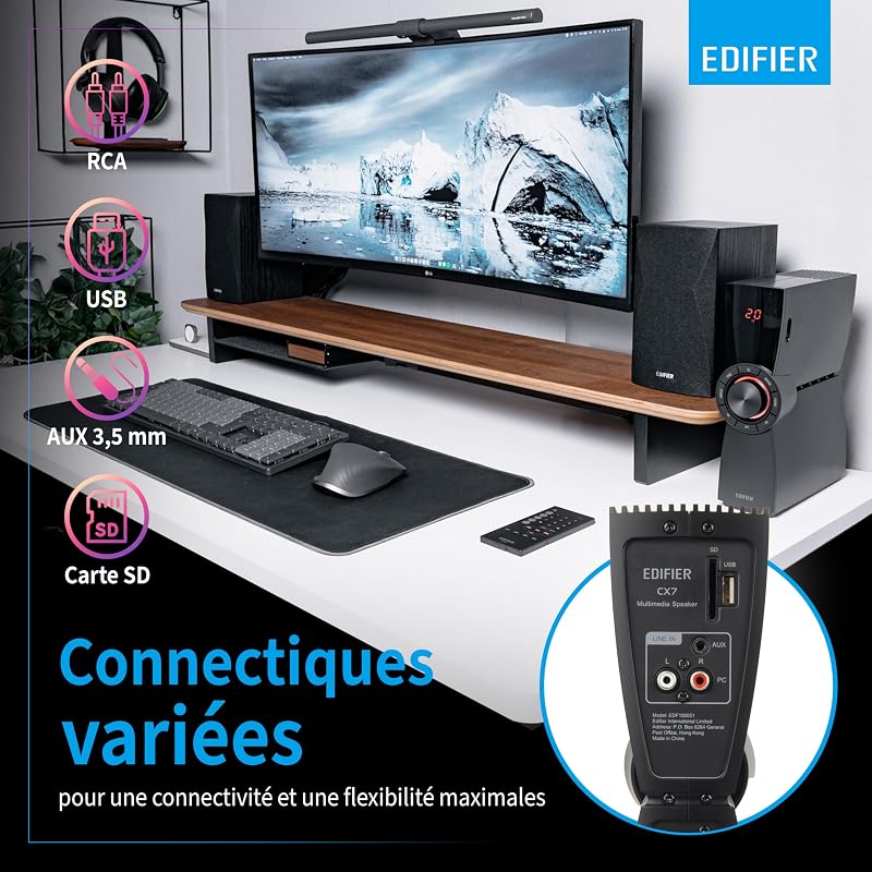 CX7 - Pack d'enceintes multimédia 2.1, 69W, avec Bluetooth V5.0, subwoofer de 21 cm (8 Pouces) et télécommande Infrarouge : Parfait pour la télévision, Le PC, l'ordinateur Portable, etc.