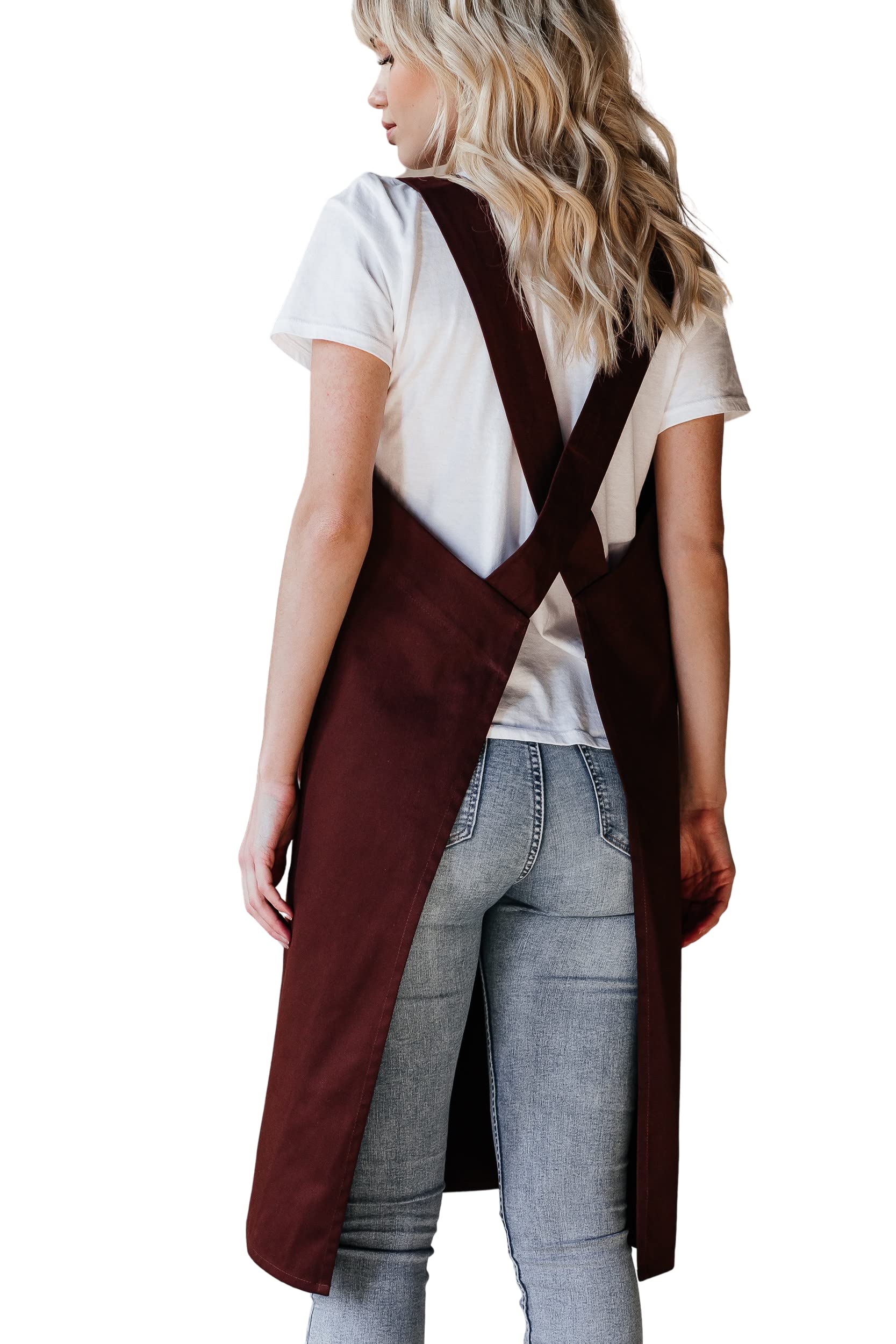 Bunny Street No-Tie Cotton Pinafore Apron – Premium Japanese Cross-Back Apron for Women with Pockets – Ideal for Florists, Artists, Crafters (Chocolate)