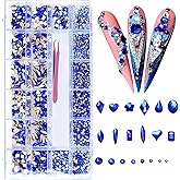 AMLAVIFISH 6080PCS Blue Rhinestones for Nails, Mix Sizes Blue Nail Charms and Gems with 20 Shapes, 3D Flatback Crystals Diamonds for DIY Nail Art Design (Tweezers Included)