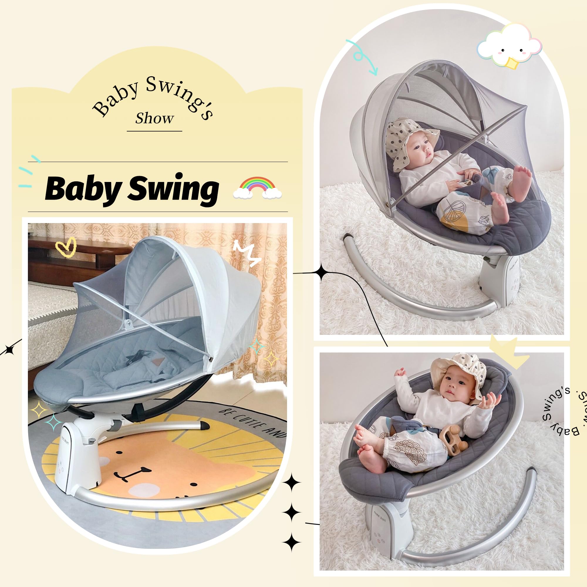 Hot Mom Upgrade Cotton Electric Baby Bouncer for Infant,Bluetooth Swing Enabled Automatic, Baby Rocker Inset Music Speaker, Dinning Chair with Intelligent Timing & LED Touch Screen (Grey)