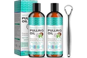 UOCASI 2Pack Coconut Pulling Oil for Teeth, Oil Pulling with Tongue Scraper, Natural Oral Care, Fights Bad Breath, Alcohol-Free, Tooth Whitening, Gum Health, Dye Free, Antigingivitis Oral Rinse(Mint Flavor)