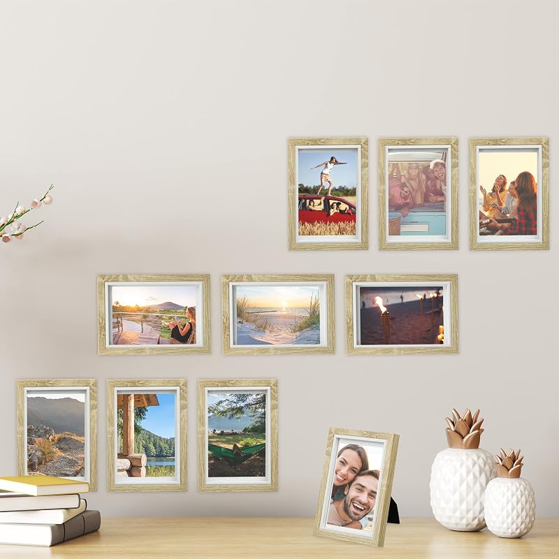 Cadre Photo, Lot de 10, 10x15 cm, Format Portrait ou Paysage, à accrocher ou Poser, Passe-Partout, Marron