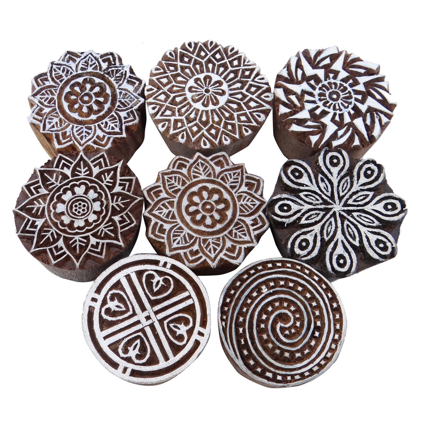 Knitwit Lot of 8 Pcs Indian Wooden Textile Stamps Hand Carved Printing Block Brown Stamp