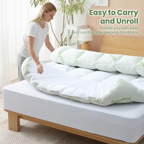 JOLLYDAY BAMBOO VISCOSE MATTRESS TOPPER & PROTECTOR – QUILTED SOFT DESIGN FOR BACK PAIN RELIEF & ENHANCED COMFORT, GREEN (QUEEN)