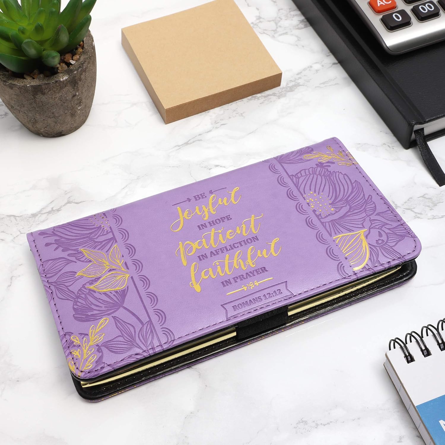 Religious Checkbook Cover Wallet for Women & Men Christian Card Holder Wallet for Checks & Credit Cards, RFID Blocking, Metallic Gold Foil (6.9 x 3.75 in, Lilac)