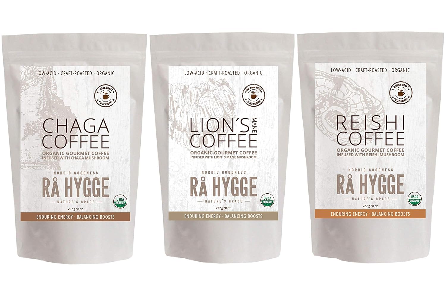 RaHygge |USDA-Organic| Lion's Mane/Chaga/Reishi Mushroom Ground Coffee - Light/Med/Dark Roasts, Low-Acid (3Pack/24oz) &bull; [High 30% Poly Mushroom Extract Purity, Powerful Cognitive/Energy Boost]